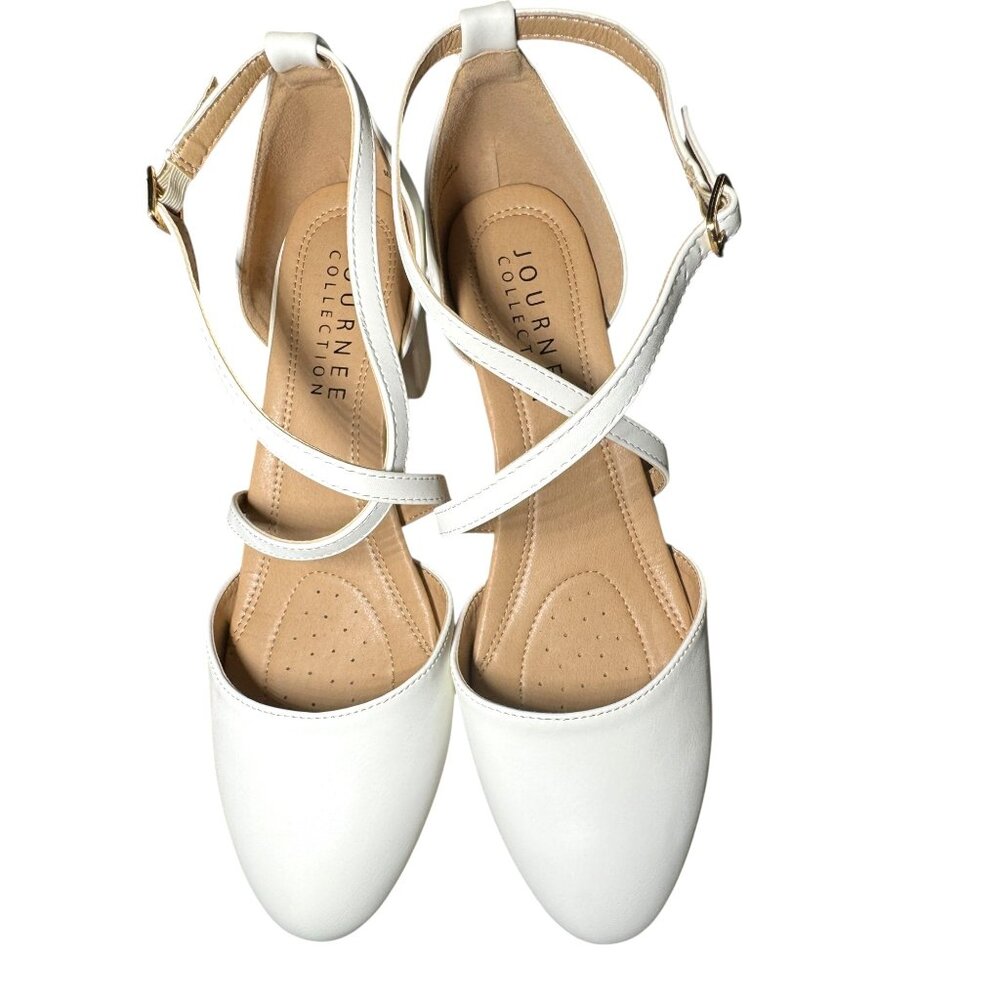Journee Collection White Faux Leather Cross Strap Heels Size 10 NWB